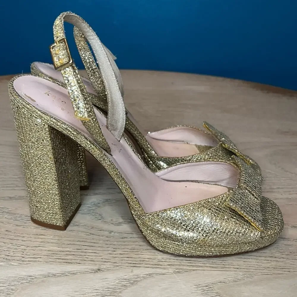 kate spade ♠️ new york Briana Platform Block Heel Gold Glitter Heels Women’s 7.5